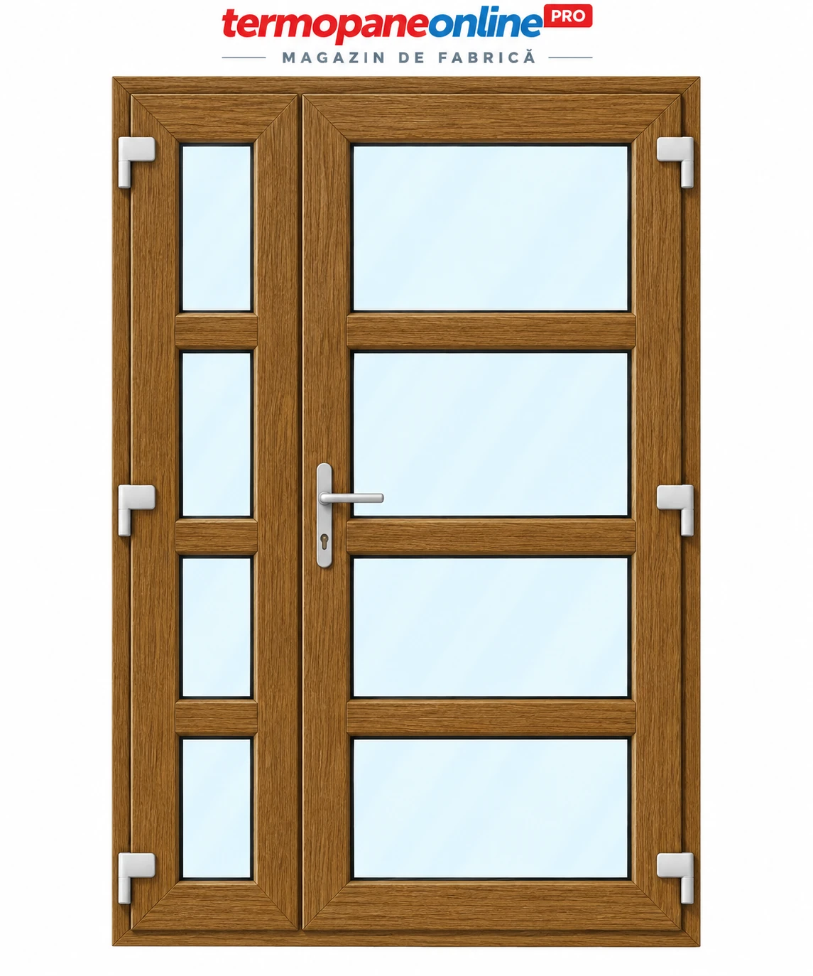 Ușă intrare exterior PVC Ramplast Solid 400 1250x2050mm 2 Canate 3 Montanți Orizontali Deschidere Dreapta - Stejar Auriu