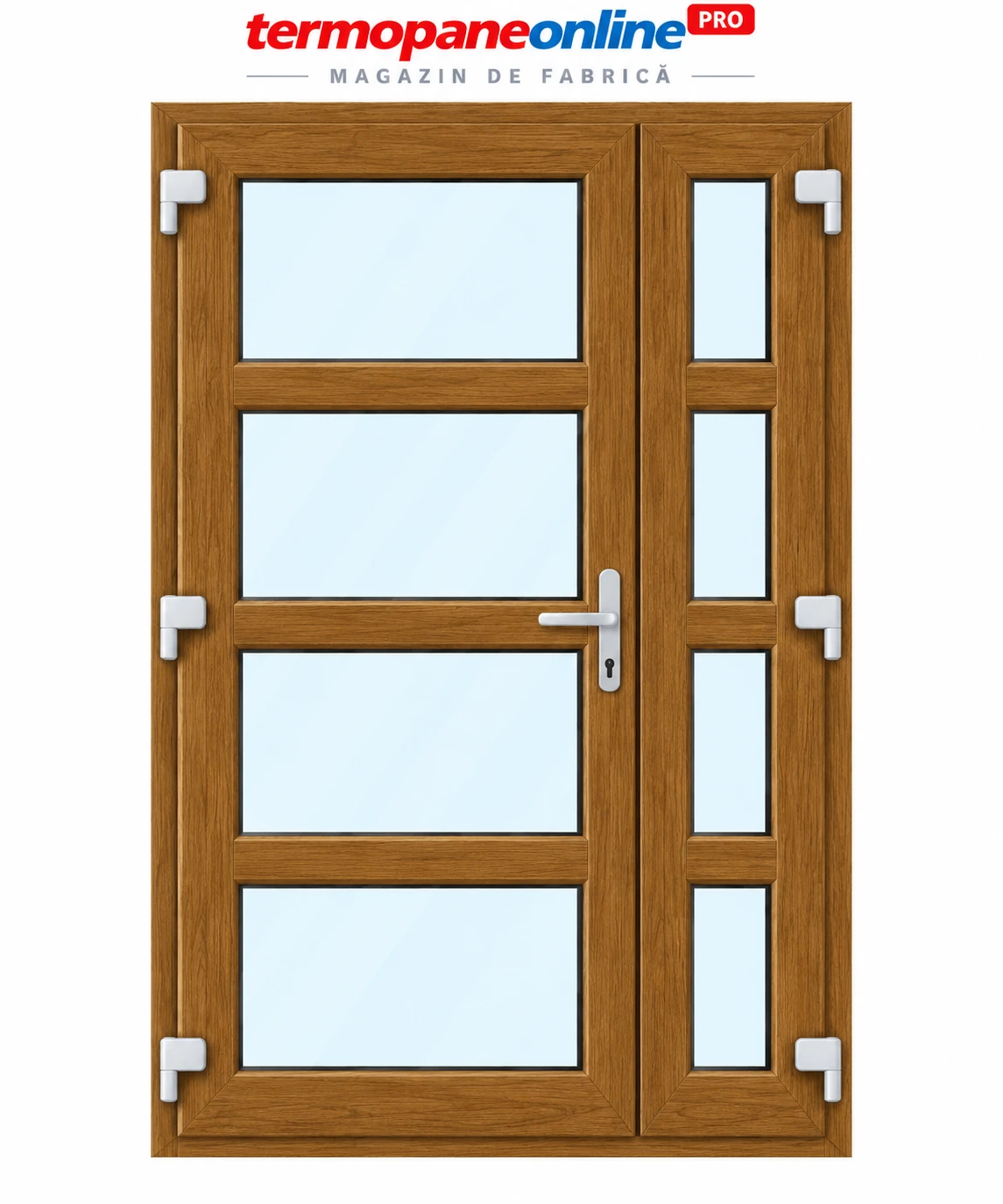 Ușă intrare exterior PVC Ramplast Solid 400 1250x2050mm 2 Canate 3 Montanți Orizontali Deschidere Stânga - Stejar Auriu