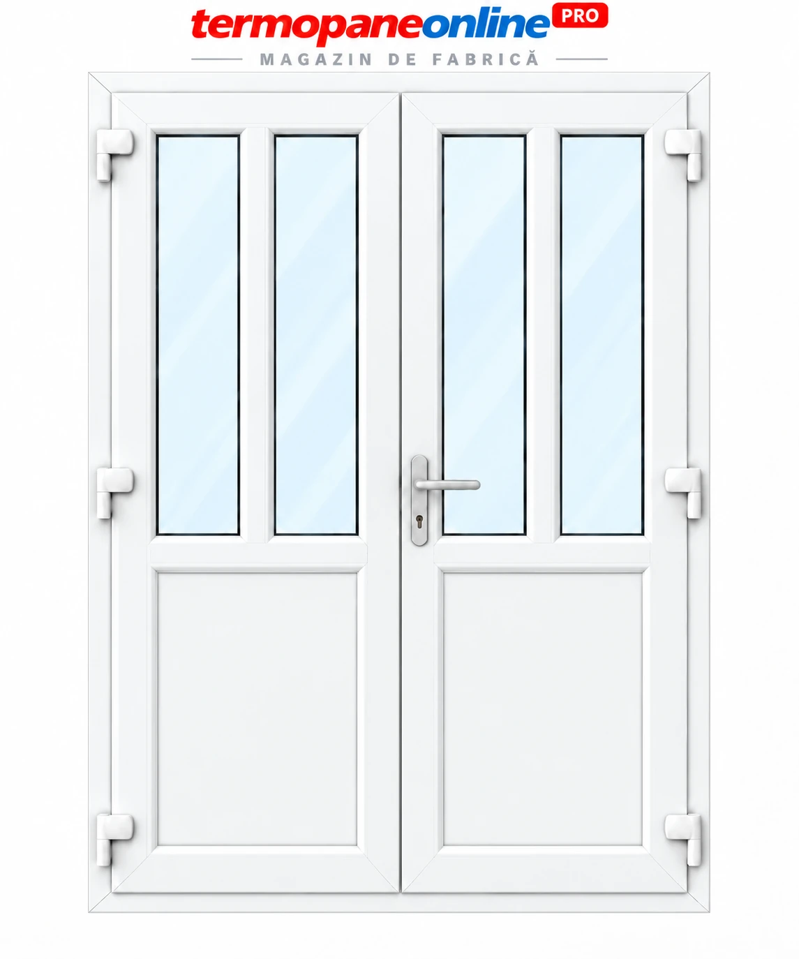 Ușă intrare exterior PVC Ramplast Solid 400 1550x2050mm 2 Canate Egale Montanți Verticali și Orizontali Deschidere Dreapta - Alb