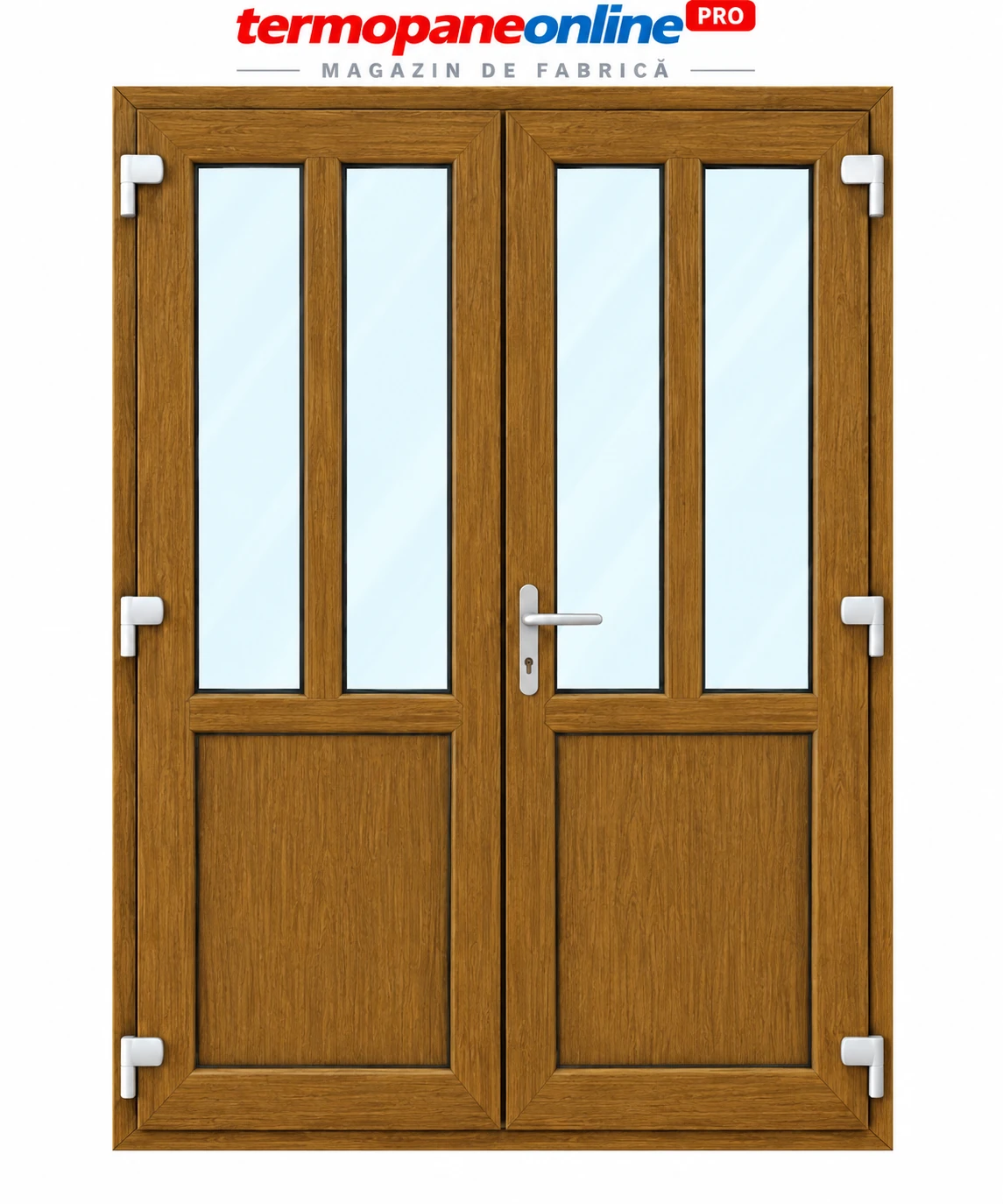 Ușă intrare exterior PVC Ramplast Solid 400 1550x2050mm 2 Canate Egale Montanți Verticali și Orizontali Deschidere Dreapta - Stejar Auriu