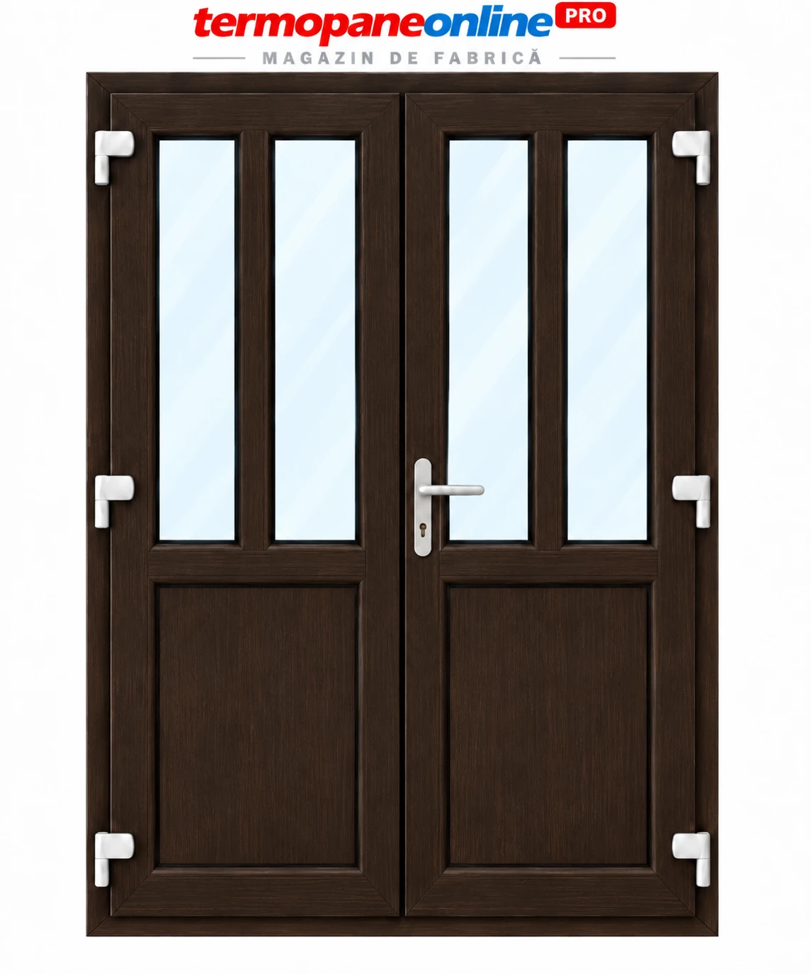 Ușă intrare exterior PVC Ramplast Solid 400 1550x2050mm 2 Canate Egale Montanți Verticali și Orizontali Deschidere Dreapta - Wenge