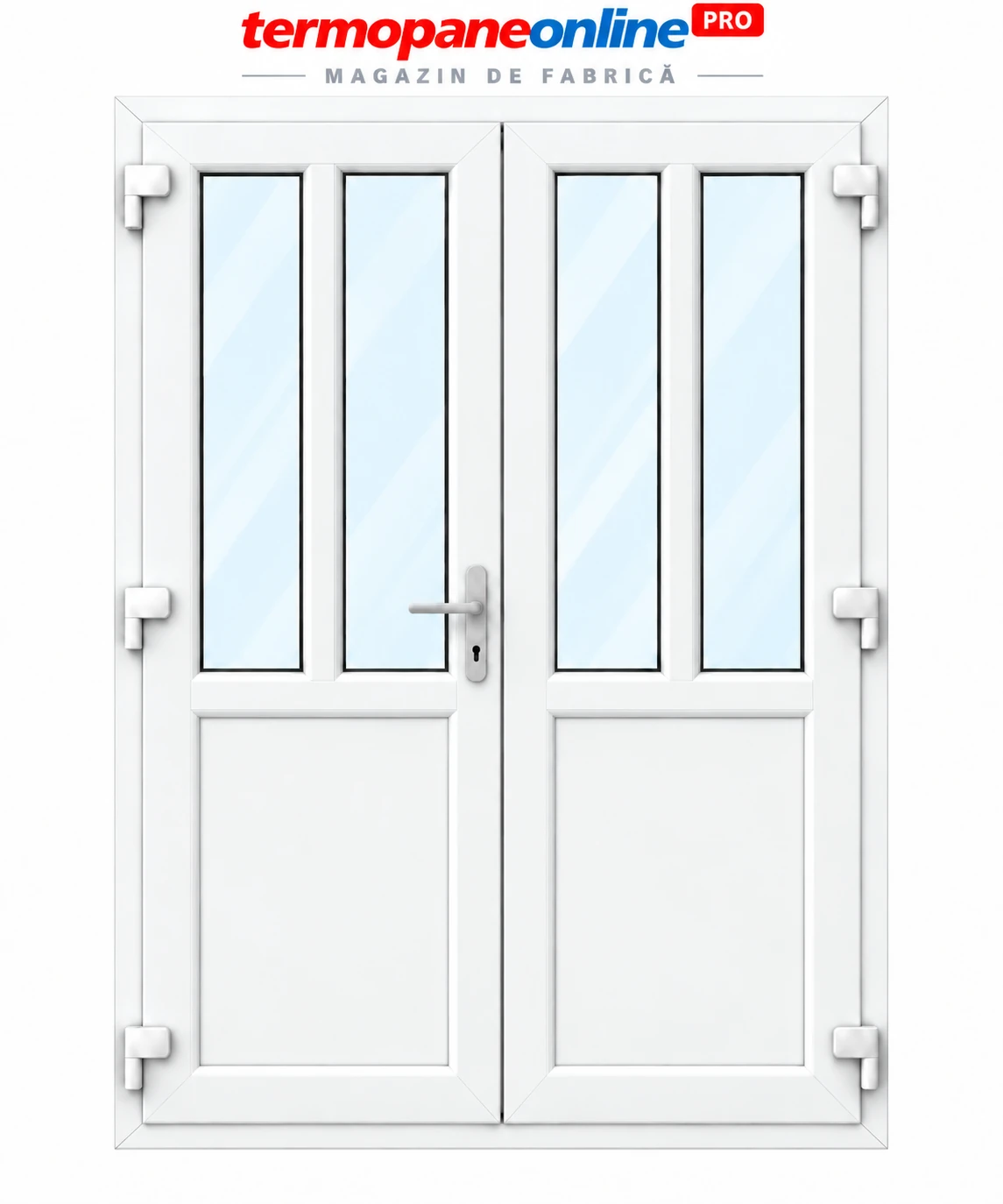 Ușă intrare exterior PVC Ramplast Solid 400 1550x2050mm 2 Canate Egale Montanți Verticali și Orizontali Deschidere Stânga - Alb