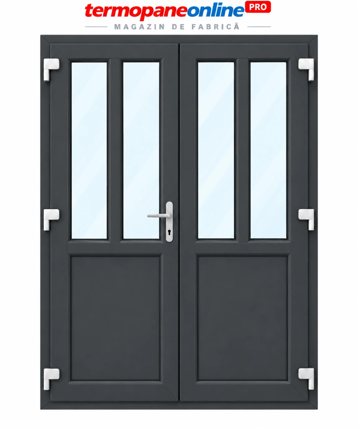 Ușă intrare exterior PVC Ramplast Solid 400 1550x2050mm 2 Canate Egale Montanți Verticali și Orizontali Deschidere Stânga - Gri Antracit