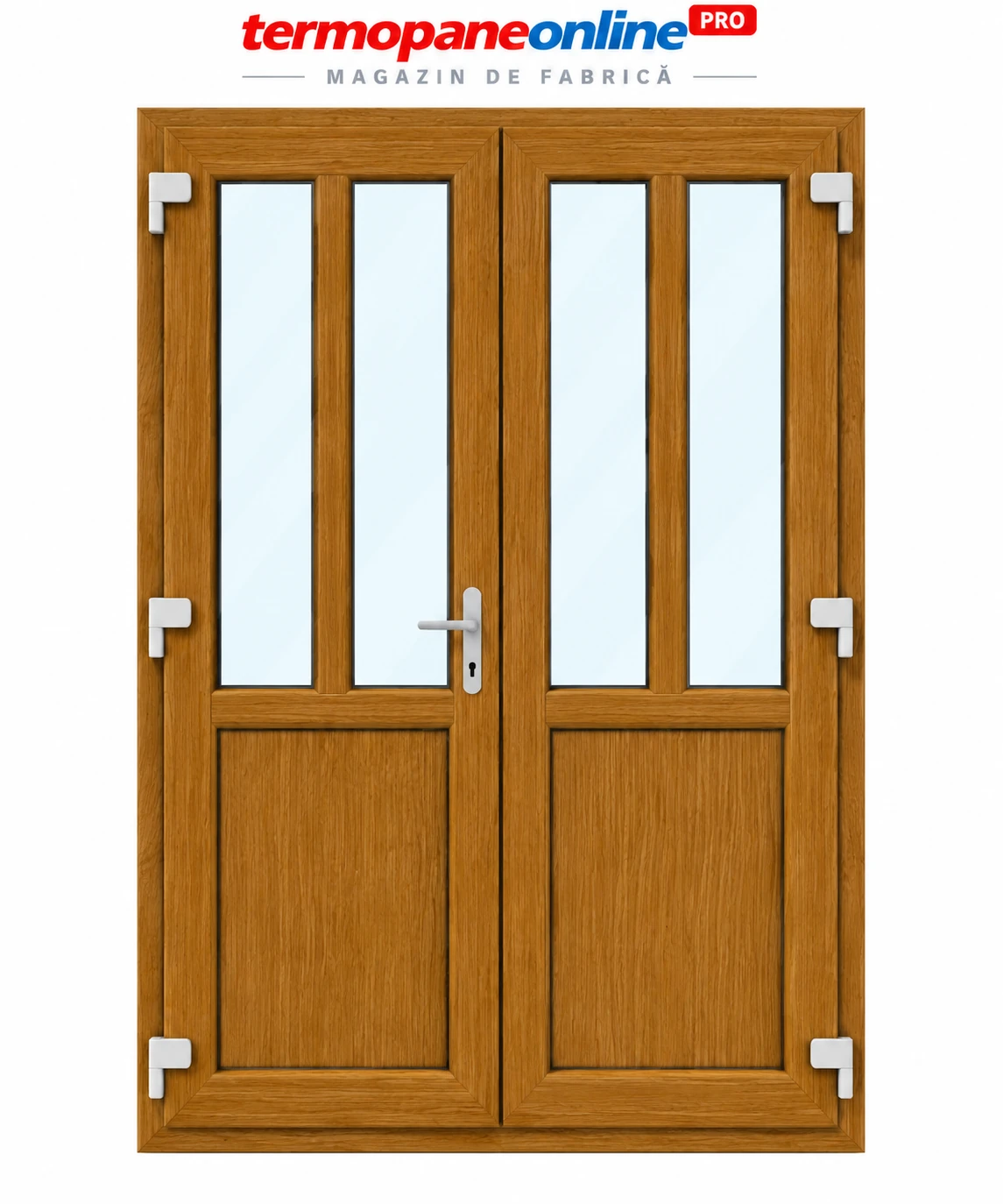 Ușă intrare exterior PVC Ramplast Solid 400 1550x2050mm 2 Canate Egale Montanți Verticali și Orizontali Deschidere Stânga - Stejar Auriu