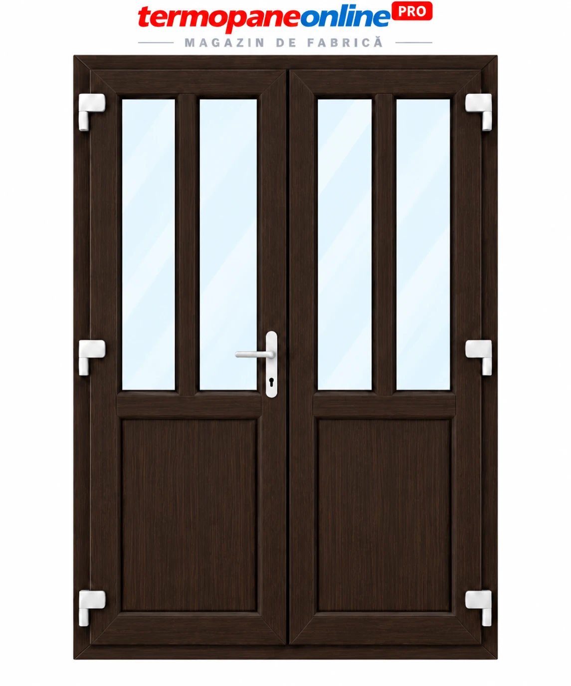 Ușă intrare exterior PVC Ramplast Solid 400 1550x2050mm 2 Canate Egale Montanți Verticali și Orizontali Deschidere Stânga - Wenge