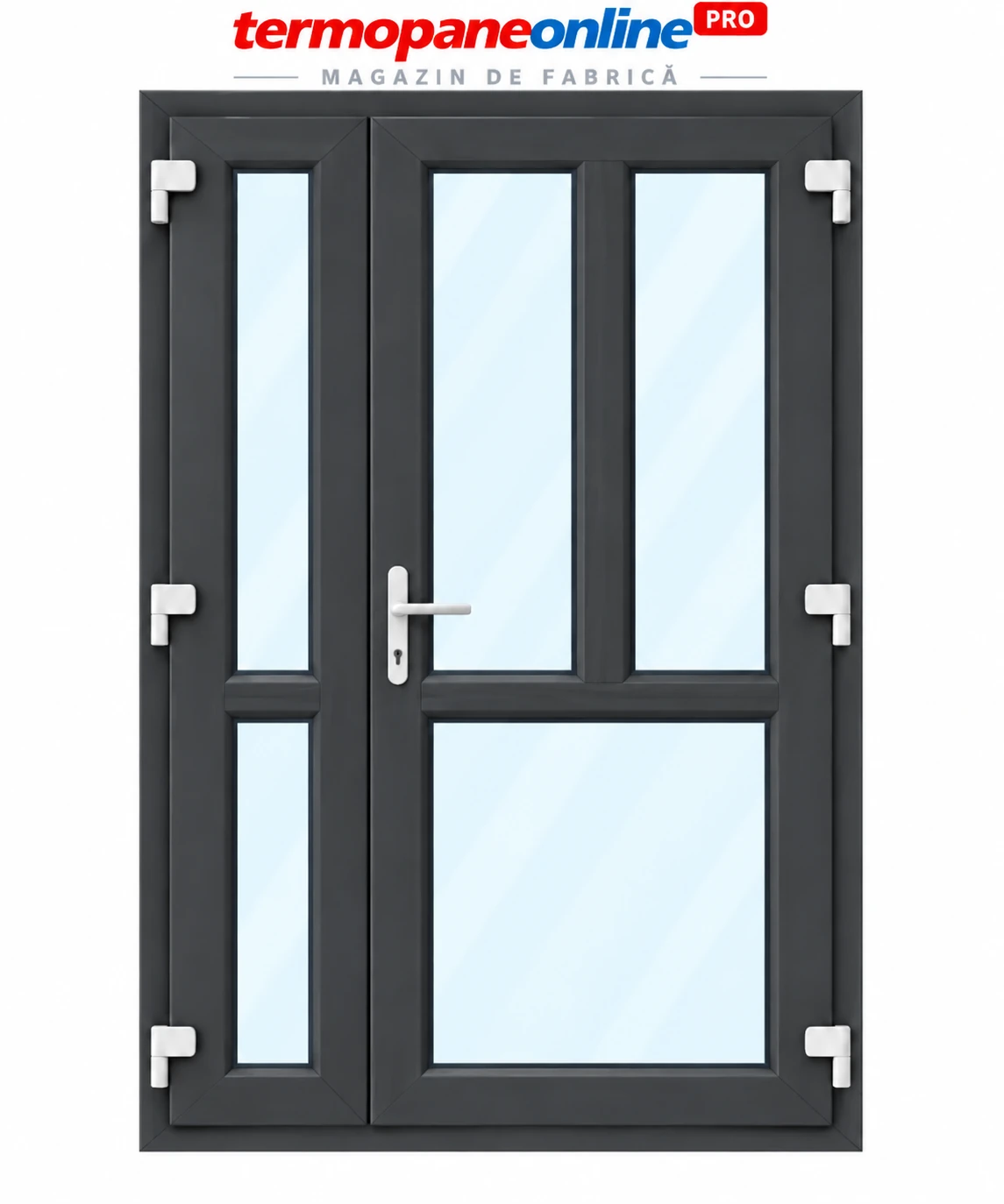 Ușă intrare exterior PVC Ramplast Solid 400 1250x2050mm 2 Canate Montant Vertical și Orizontal Deschidere Dreapta - Gri Antracit