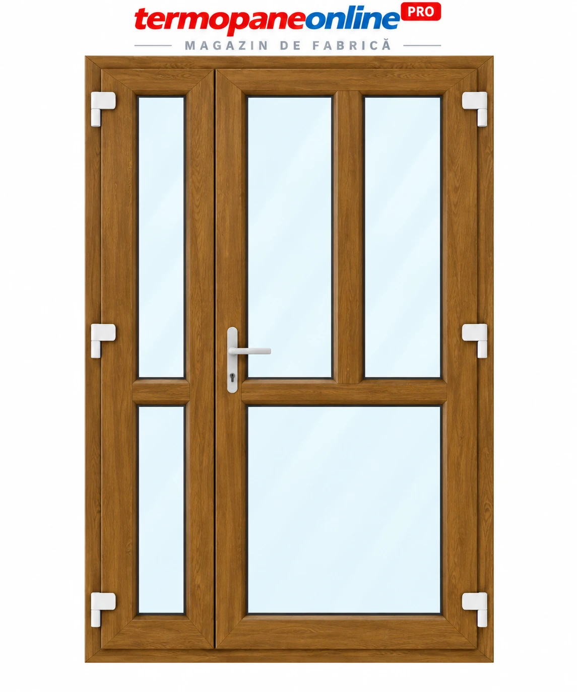 Ușă intrare exterior PVC Ramplast Solid 400 1250x2050mm 2 Canate Montant Vertical și Orizontal Deschidere Dreapta - Stejar Auriu