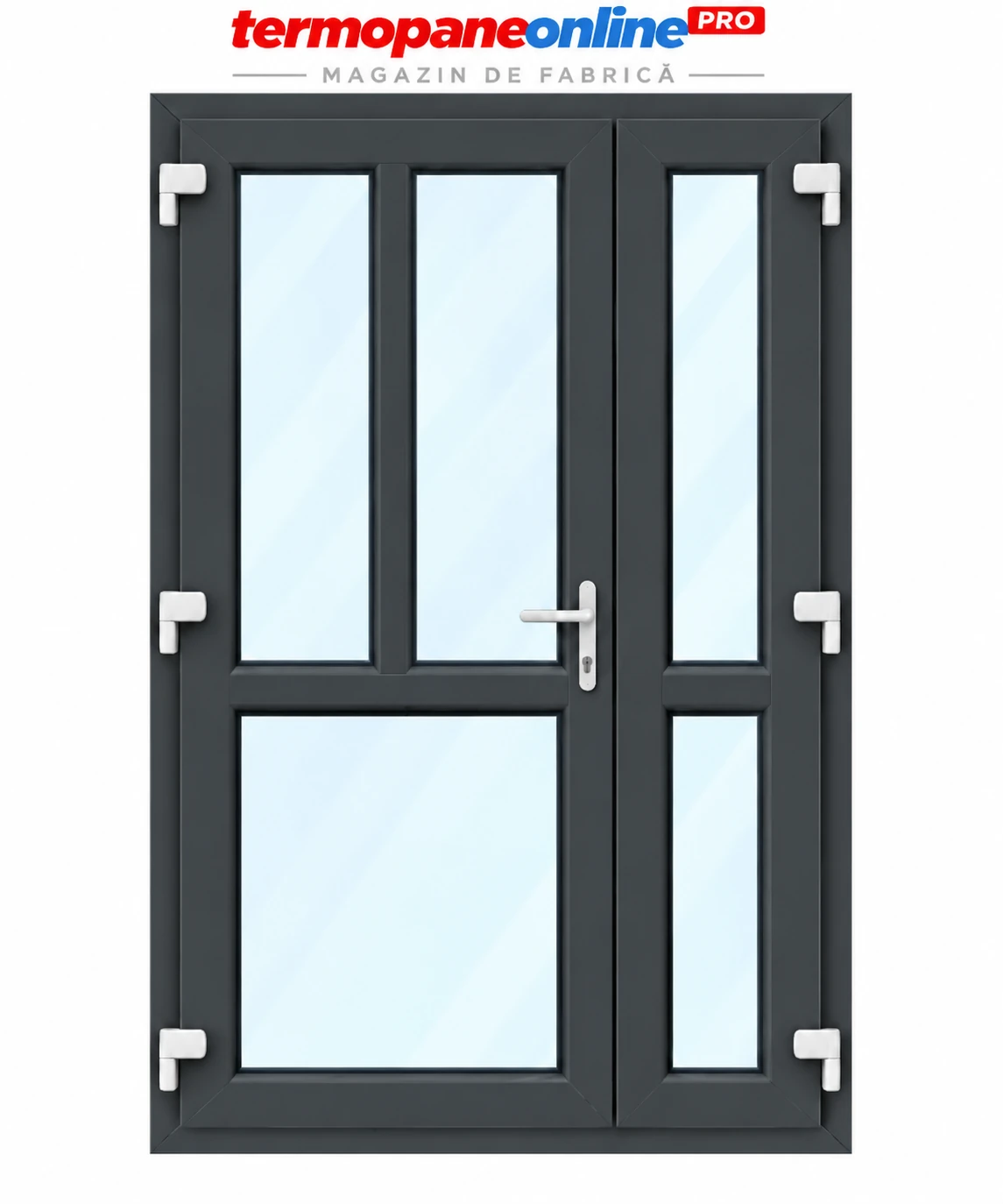 Ușă intrare exterior PVC Ramplast Solid 400 1250x2050mm 2 Canate Montant Vertical și Orizontal Deschidere Stânga - Gri Antracit