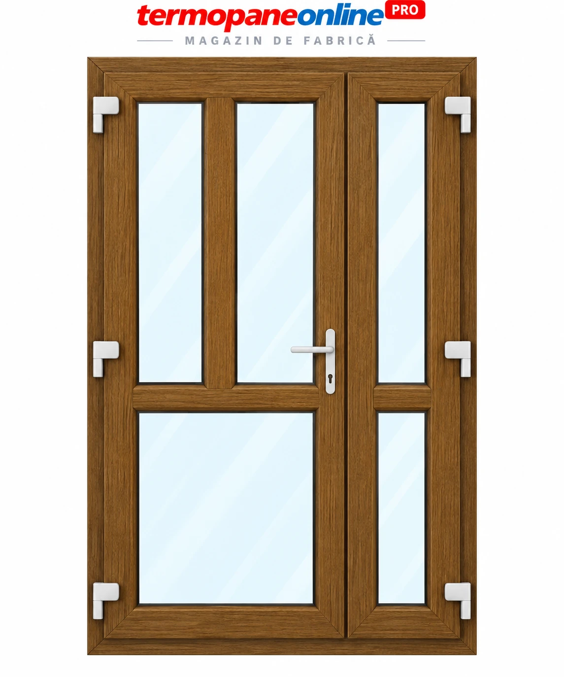 Ușă intrare exterior PVC Ramplast Solid 400 1250x2050mm 2 Canate Montant Vertical și Orizontal Deschidere Stânga - Stejar Auriu